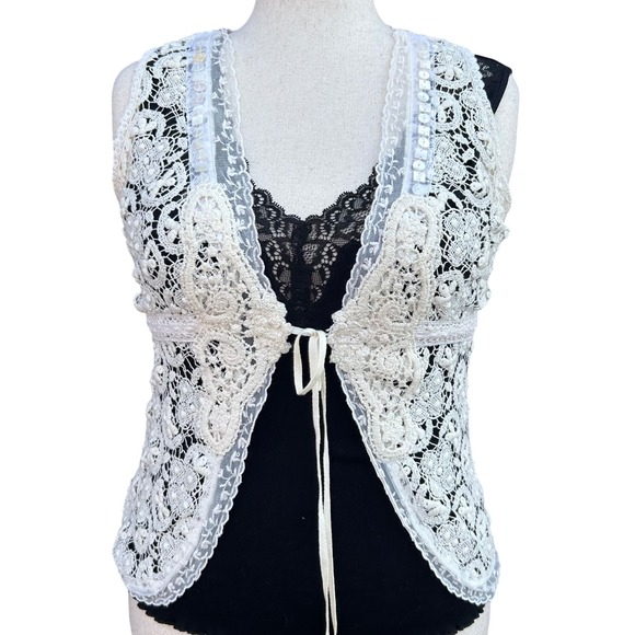 Vtg Karen Kane Lace Vest Cardigan Tie Front Embellished Ivory Cream Cottagecore - Picture 1 of 10